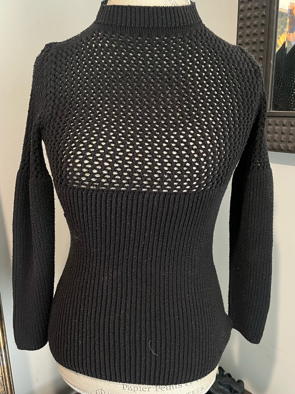 Isa Boulder Black Open-Knit Ribbed Mock Neck Sweater